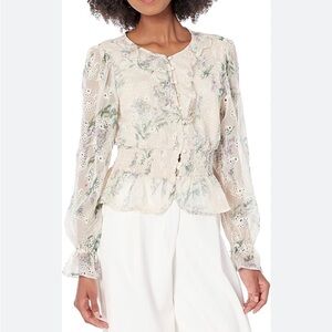 Guess Yumi cocoa cream Lacey floral long sleeve romantic blouse Medium